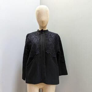 Anthropologie Field Flower Melton Wool Black Sweater Blue Floral Lace Jacket -XS
